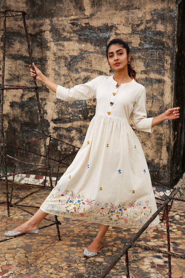 White Embroidered Long Kurti (30% Off)