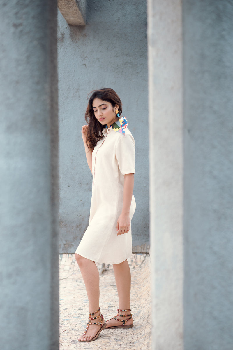 White Hand Painted Sustainable Buttoned Down Dress (30% Off)