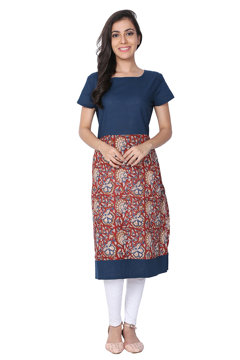 Blue Bagru Hand Block Cotton Kurti - GleamBerry