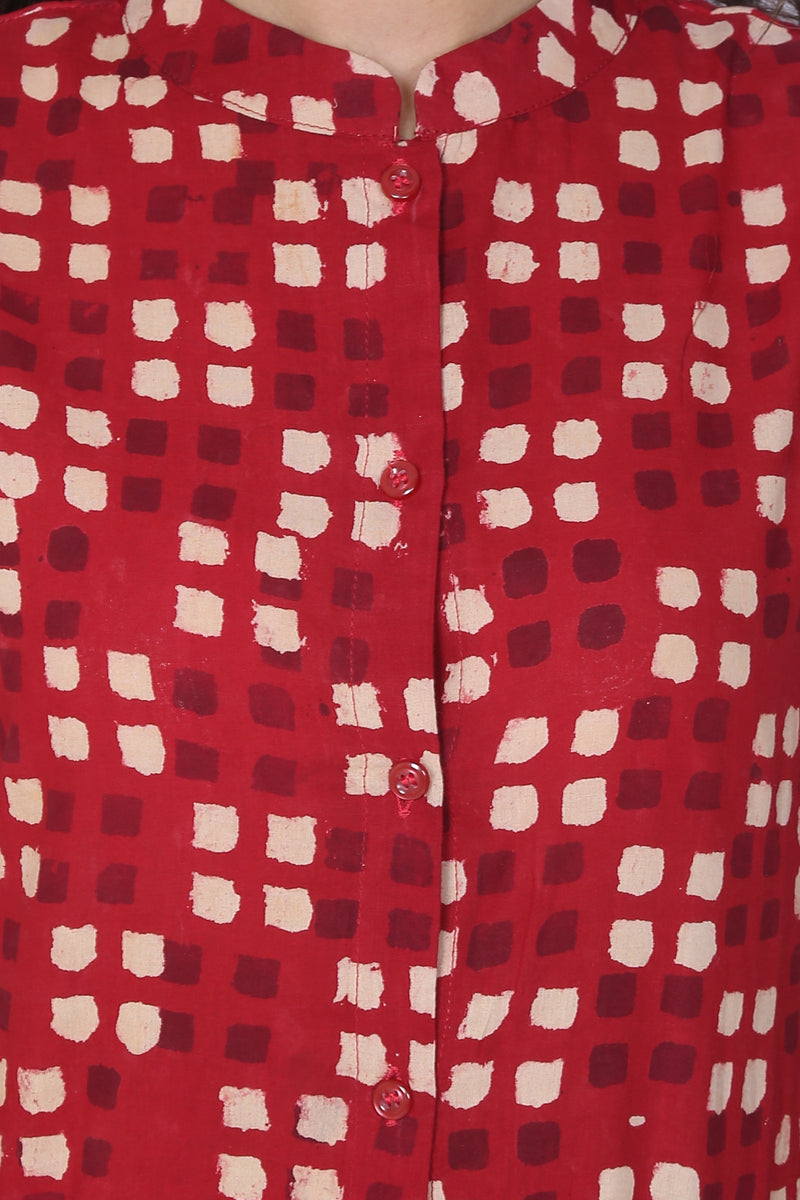 Red Hand Block Print Cotton Kurti - GleamBerry