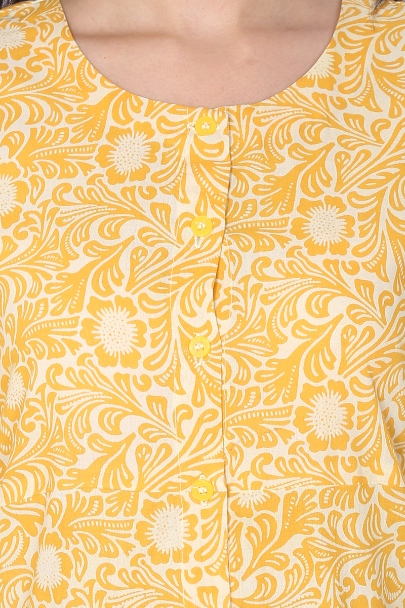 Yellow Hand Block Print Cotton Kurti - GleamBerry