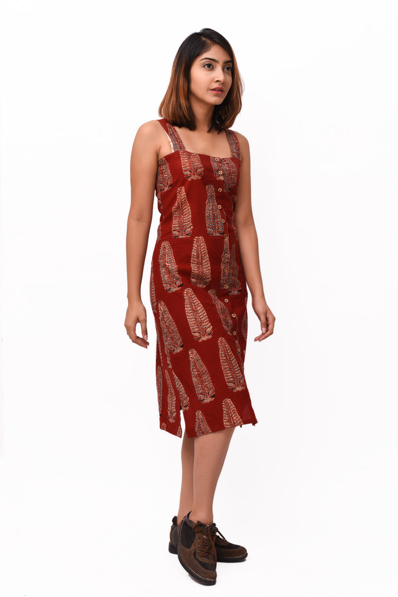 Maroon Ajrakh Print Cotton Buttoned Down Dress - GleamBerry
