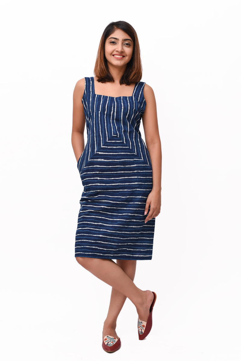 Blue Block Print Stripe Cotton Dress - GleamBerry