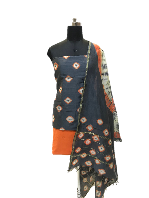 Grey And Orange Shibori Chanderi Dress Material Set - GleamBerry