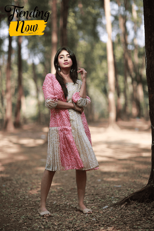 Bandhani Asymmetric Pleated Dress (30% Off)