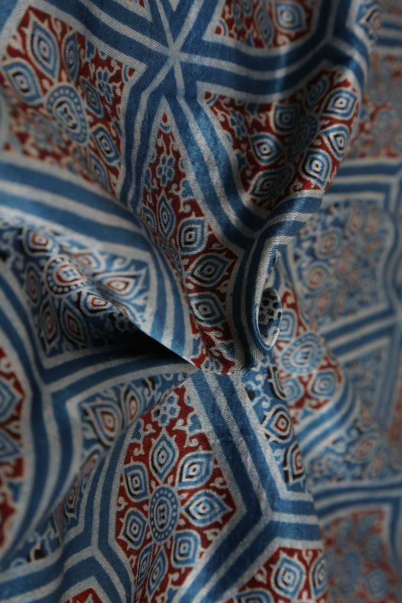 Blue Mashru Silk Block Print Fabric - GleamBerry