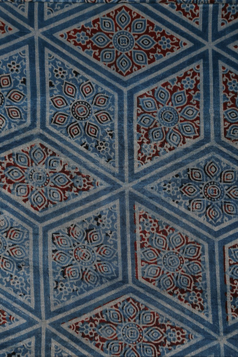 Blue Mashru Silk Block Print Fabric - GleamBerry