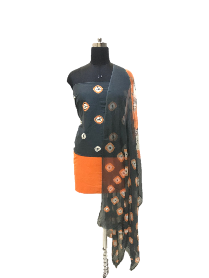 Grey And Orange Shibori Cotton Dress Material Set - GleamBerry