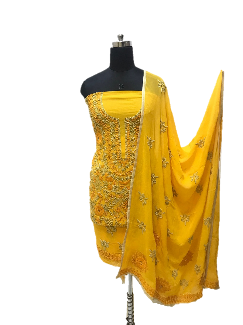 Yellow Hand Embroidered Phulkari Pure Georgette Dress Material Set - GleamBerry