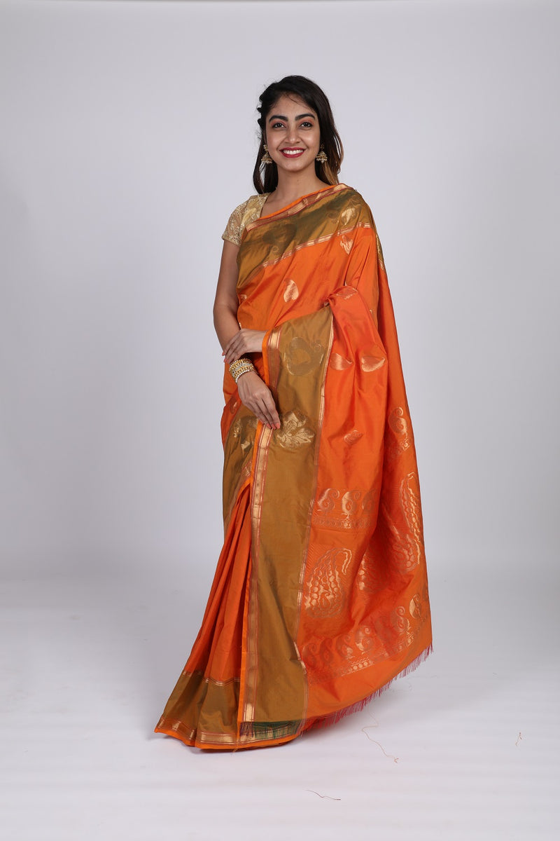 Orange Kanjeevaram Silk Saree - GleamBerry
