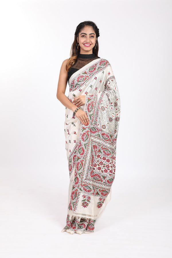 White Kantha Stitch Tussar Silk Saree - GleamBerry