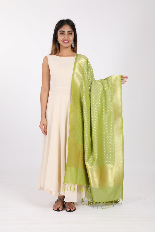 Light green Katan Silk Handloom Banarasi Dupatta - GleamBerry
