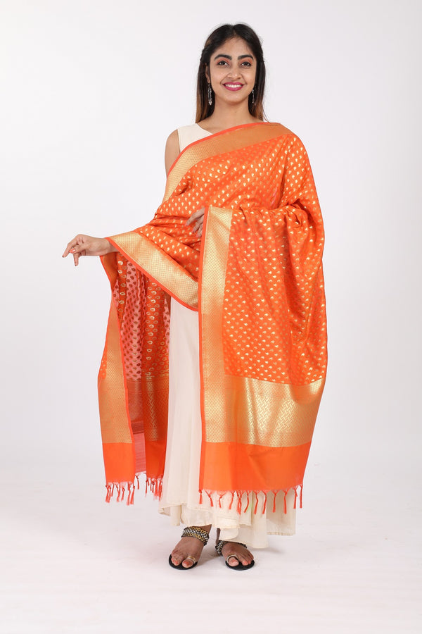 Orange Katan Silk Handloom Banarasi Dupatta - GleamBerry