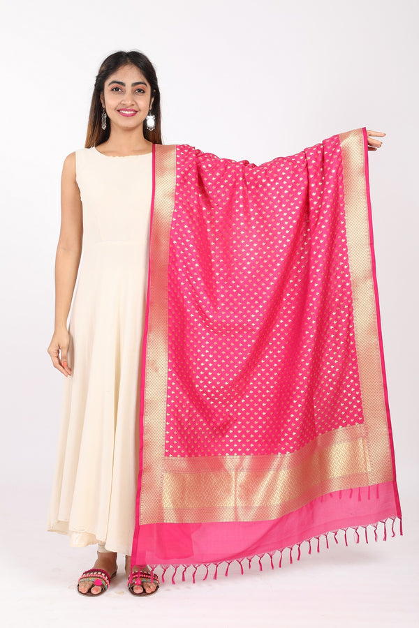 Pink Katan Silk Handloom Banarasi Dupatta - GleamBerry